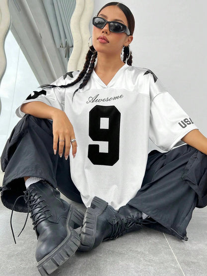 2026 New York No.9 Oversized Jersey T-Shirt Women V-Neck Sport Style Breathable Summer Streetwear Tee