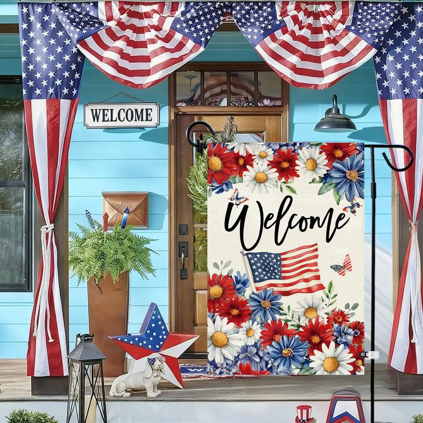 Patriotic Daisy Garden Flag Double Sided Burlap,4th of July Memorial Day Red and Blue Flower Welcom