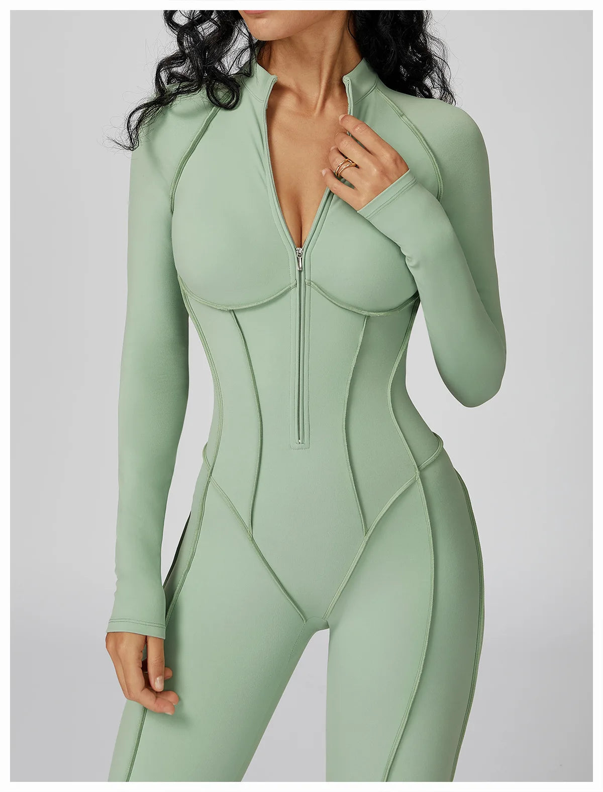 Chocolate Brown Sculpting Zip-Front Long Sleeve Jumpsuit