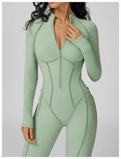 Chocolate Brown Sculpting Zip-Front Long Sleeve Jumpsuit
