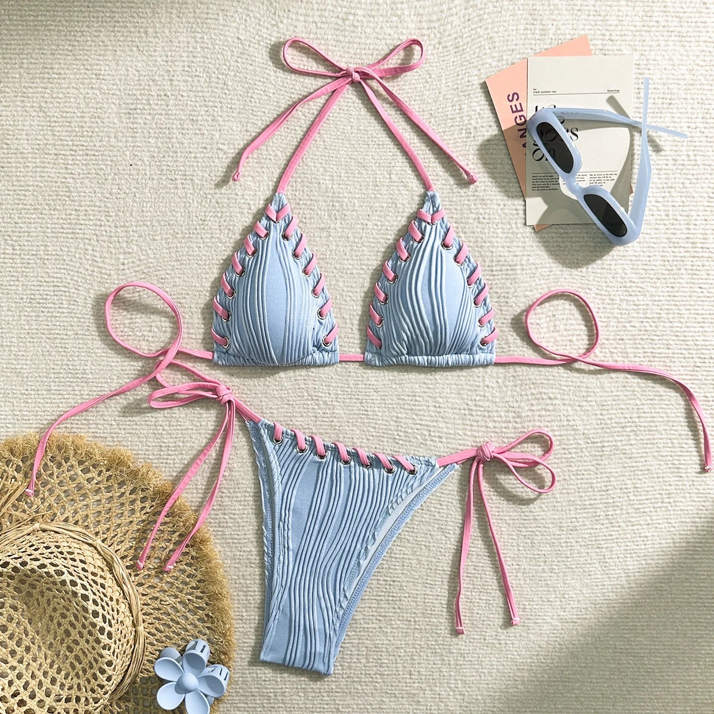 Sexy Ribbed String Bikini Set – Women’s Triangle Tie Side Swimsuit, Minimalist Beach Swimwear for Summer Vacation