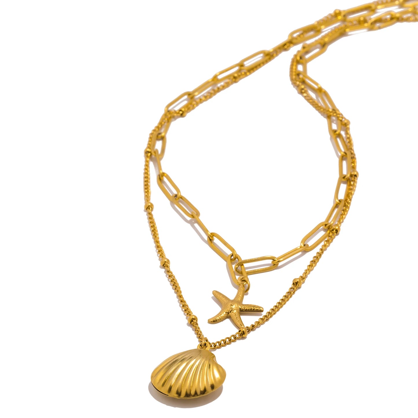 Gold Layered Seashell & Starfish Pendant Necklace