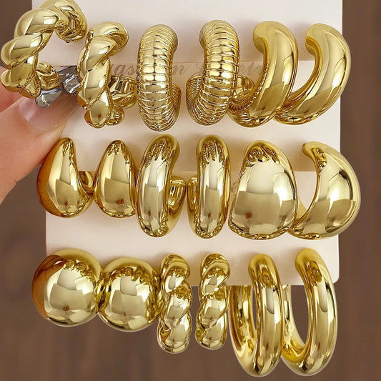 Chunky Gold Hoop Earrings Set – Vintage Statement Metal Earrings for Women Trendy Minimalist Jewelry