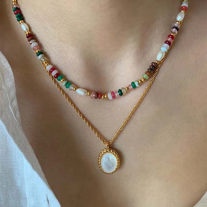 Boho Colorful Beaded Necklace – Handmade Pearl & Gemstone Choker Jewelry for Women, Trendy Vintage Layering Necklace Gift