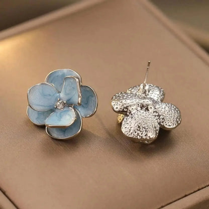Blue Flower Stud Earrings – Elegant Floral Crystal Earrings for Women Vintage Jewelry