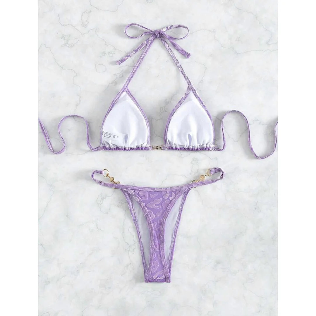 Leopard Pearl Micro Thong Bikini Set Women Two Piece Swimsuit Y2K Beachwear