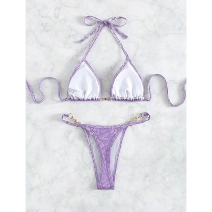Leopard Pearl Micro Thong Bikini Set Women Two Piece Swimsuit Y2K Beachwear