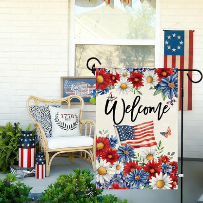 Patriotic Daisy Garden Flag Double Sided Burlap,4th of July Memorial Day Red and Blue Flower Welcom