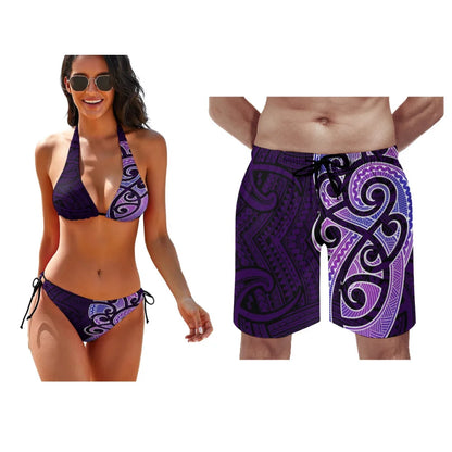 Matching Couple Hawaiian Swimwear Set – Tropical Bikini & Men’s Beach Shorts