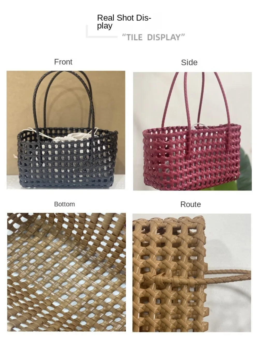 Woven Plastic Tote Bag – Retro Grid Shoulder Handbag for Women Summer Beach Style