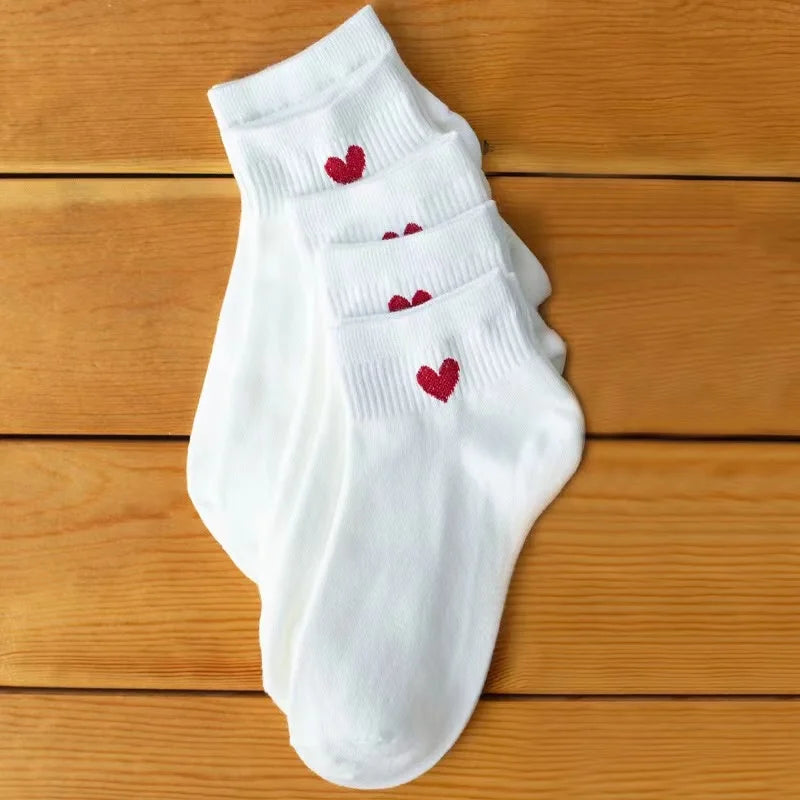 Cute Heart Ankle Socks – Women’s Kawaii White Cotton Sock Set