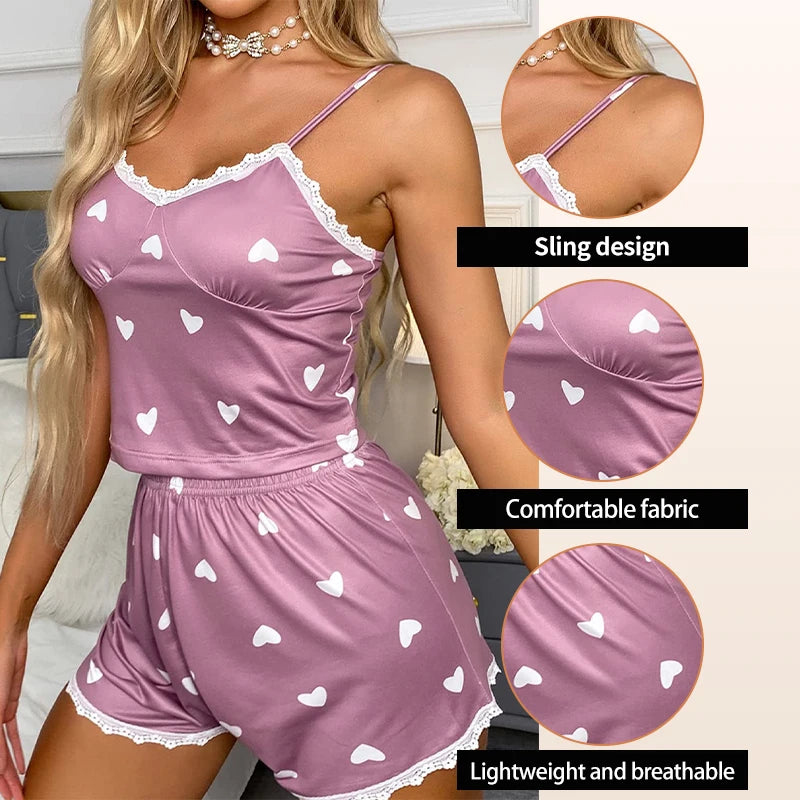 Women’s Heart Print Pajama Romper – Cute Spaghetti Strap Sleepwear Shorts Jumpsuit for Summer Loungewear