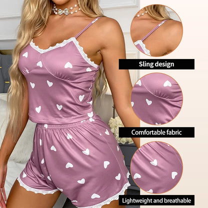 Women’s Heart Print Pajama Romper – Cute Spaghetti Strap Sleepwear Shorts Jumpsuit for Summer Loungewear