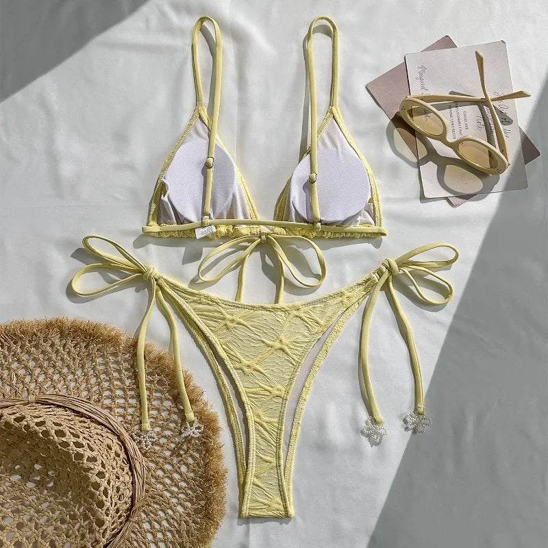 Women's Bikini Sets Ribbed Two Piece Swimsuits Underwire Adjustable Back  Bathing Suit Side Tie Triangle Thong Swimwear