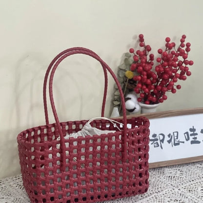 Woven Plastic Tote Bag – Retro Grid Shoulder Handbag for Women Summer Beach Style