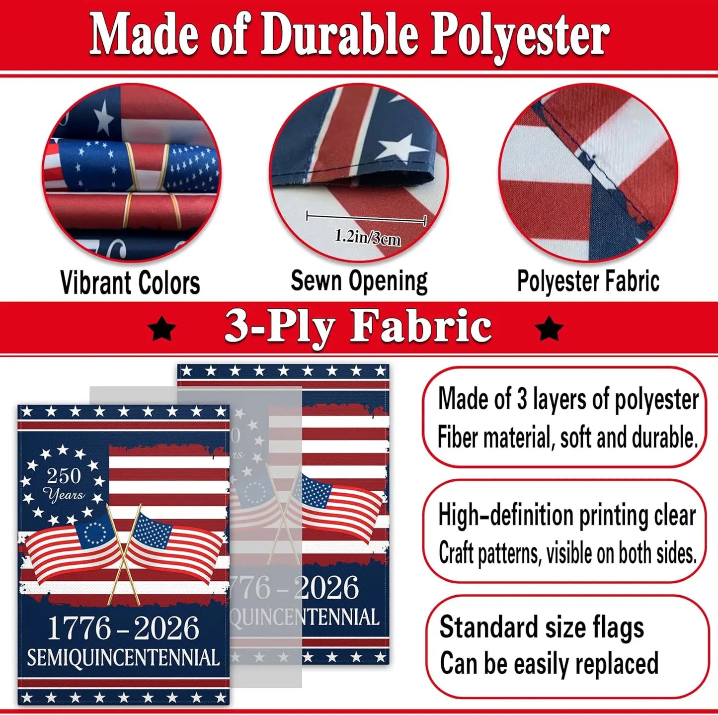 250 Years Garden Flag 12x18 Double Sided America 250th Anniversary 1776 2026 Semiquincentennial Flag