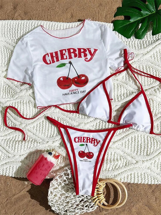 Cherry Printed Short Sleeve Bikini Female Swimsuit Women Swimwear Three-pieces Bikini set Bather Bathing Suit Swim