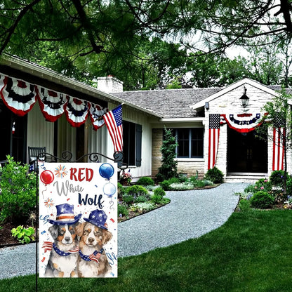 Red White Wolf Garden Flag,4th of July Dog Welcome Door Sign,Welcome Patriotic Memorial Day Independence Day