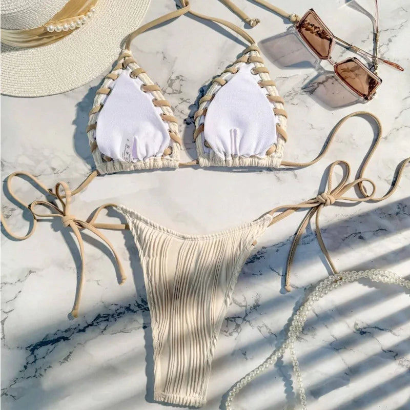 Sexy Ribbed String Bikini Set – Women’s Triangle Tie Side Swimsuit, Minimalist Beach Swimwear for Summer Vacation