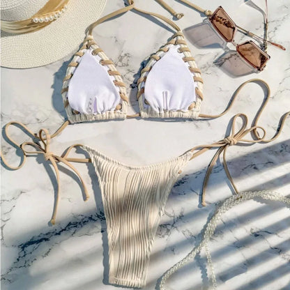 Sexy Ribbed String Bikini Set – Women’s Triangle Tie Side Swimsuit, Minimalist Beach Swimwear for Summer Vacation