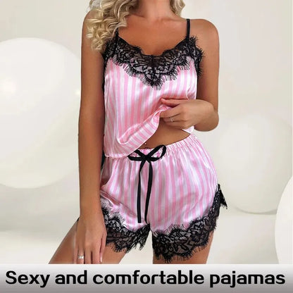 Sexy Satin Lace Pajama Set – Women’s Sleeveless Cami Sleepwear