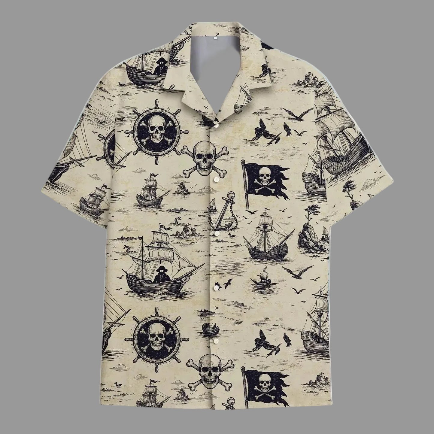 Skeleton Pirate Captain Hawaiian Shirt Cartoon Summer Beach Button Up