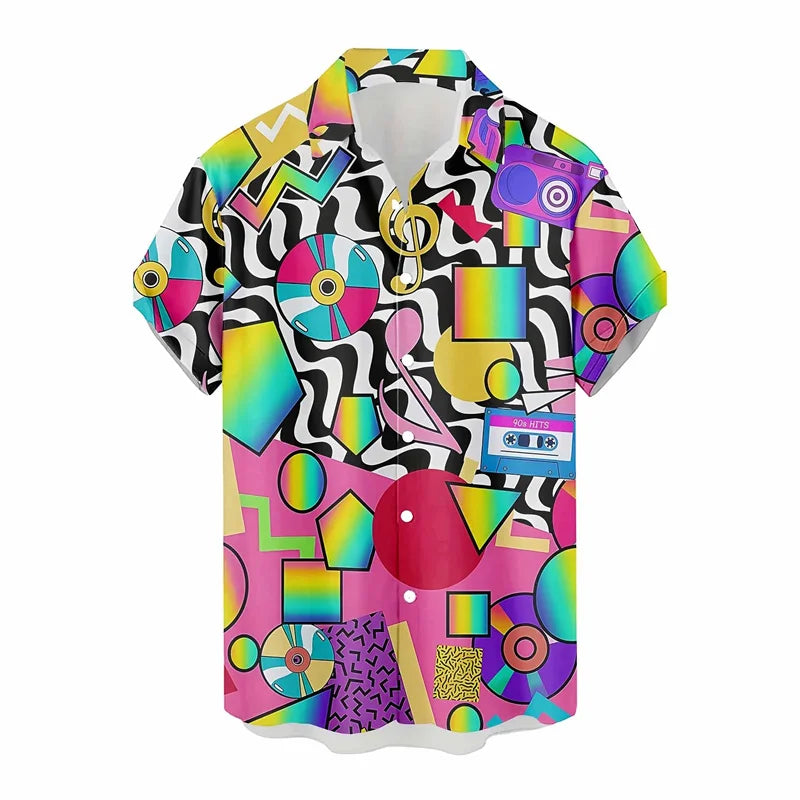 Retro 80s 90s Hawaiian Shirt Men 3D Print Y2K Summer Button Up Top