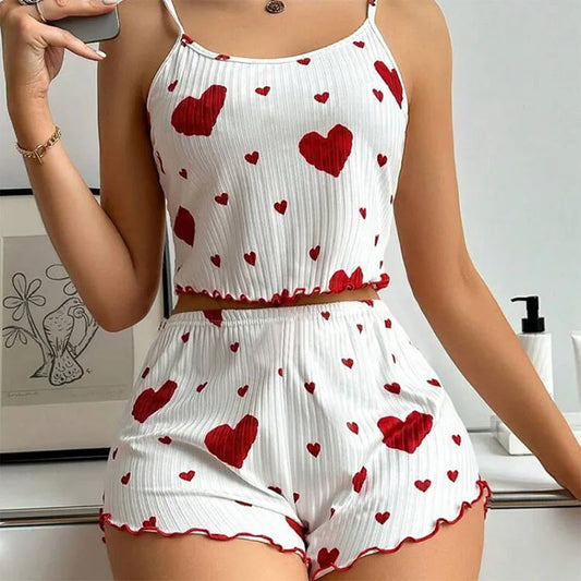 Cute Heart Print Pajama Romper – Women’s Sleeveless Summer Lounge Wear
