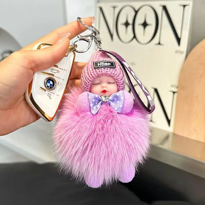 Cute Sleeping Baby Keychain – Fluffy Pom Pom Doll Bag Charm