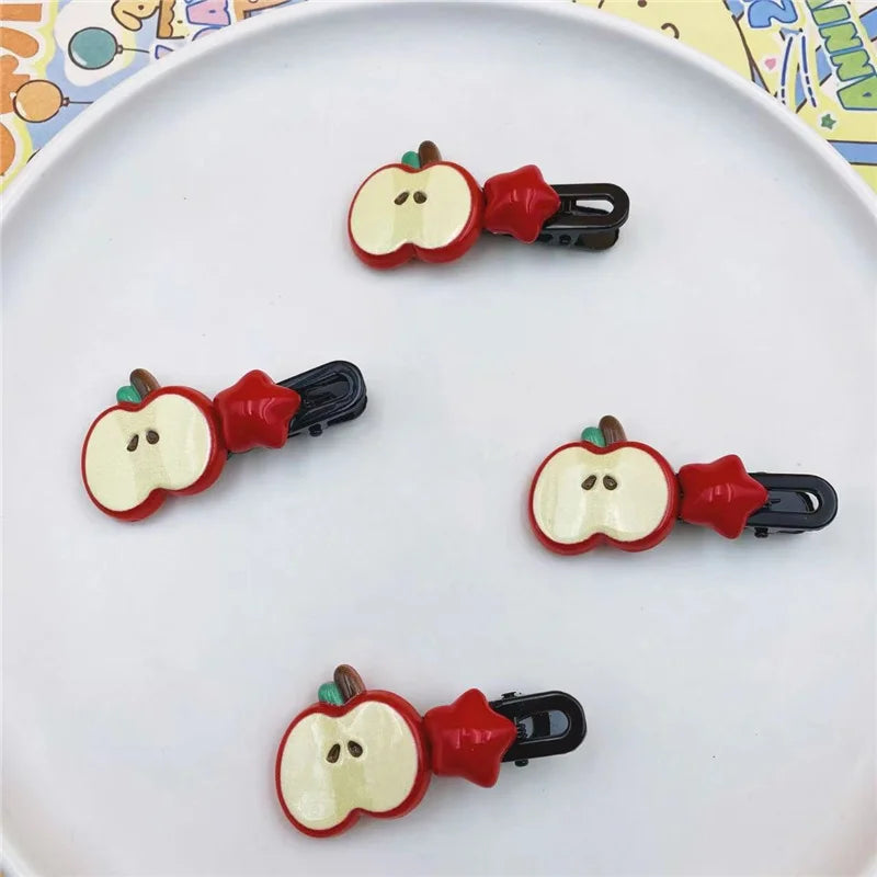 2Pcs/Lot Cute Apple Star Hair Clips – Kawaii Cartoon Snap Barrettes for Girls & Women
