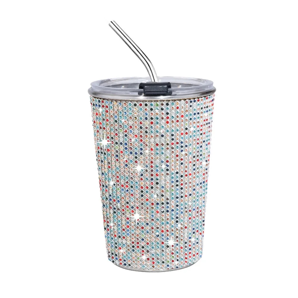 500ml Rhinestone Stainless Steel Water Bottle with Straw Luxury Sparkling Cup