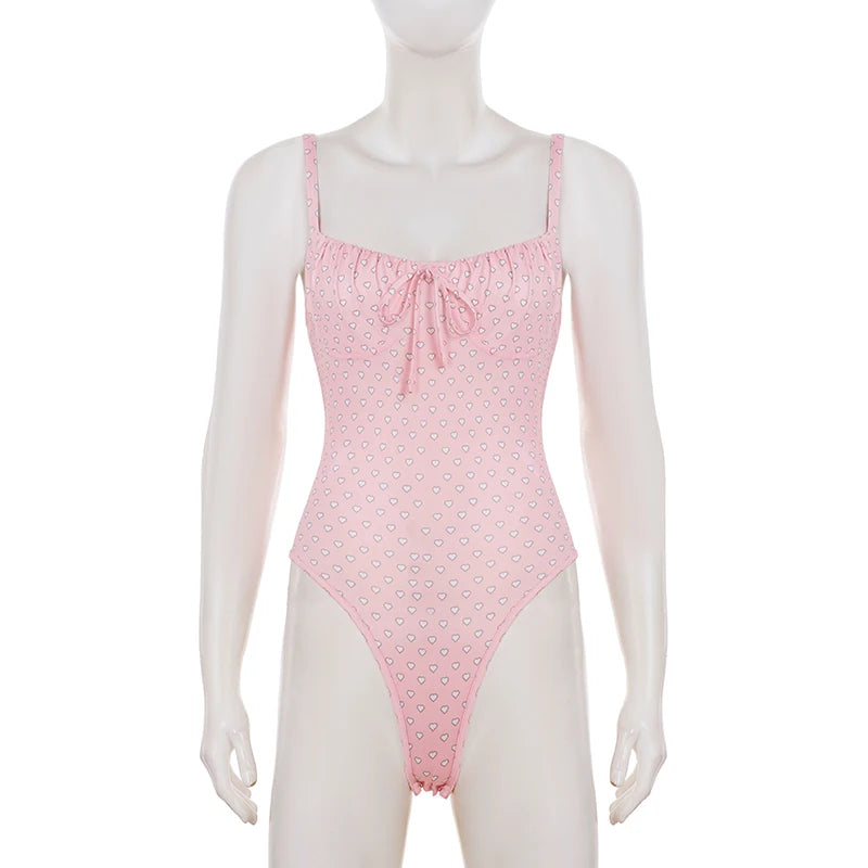Sweet Sexy Heart Printed With Lace Up Skinny Bodysuits Hottie Holiday Beach Wearing One Piece Clothes Summer Sleeveless Clothes