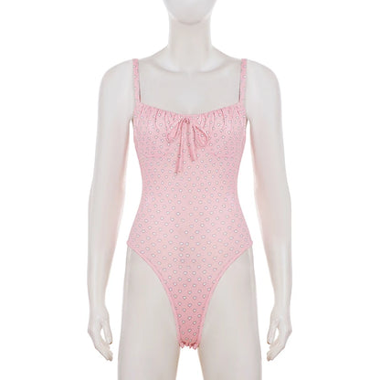 Sweet Sexy Heart Printed With Lace Up Skinny Bodysuits Hottie Holiday Beach Wearing One Piece Clothes Summer Sleeveless Clothes