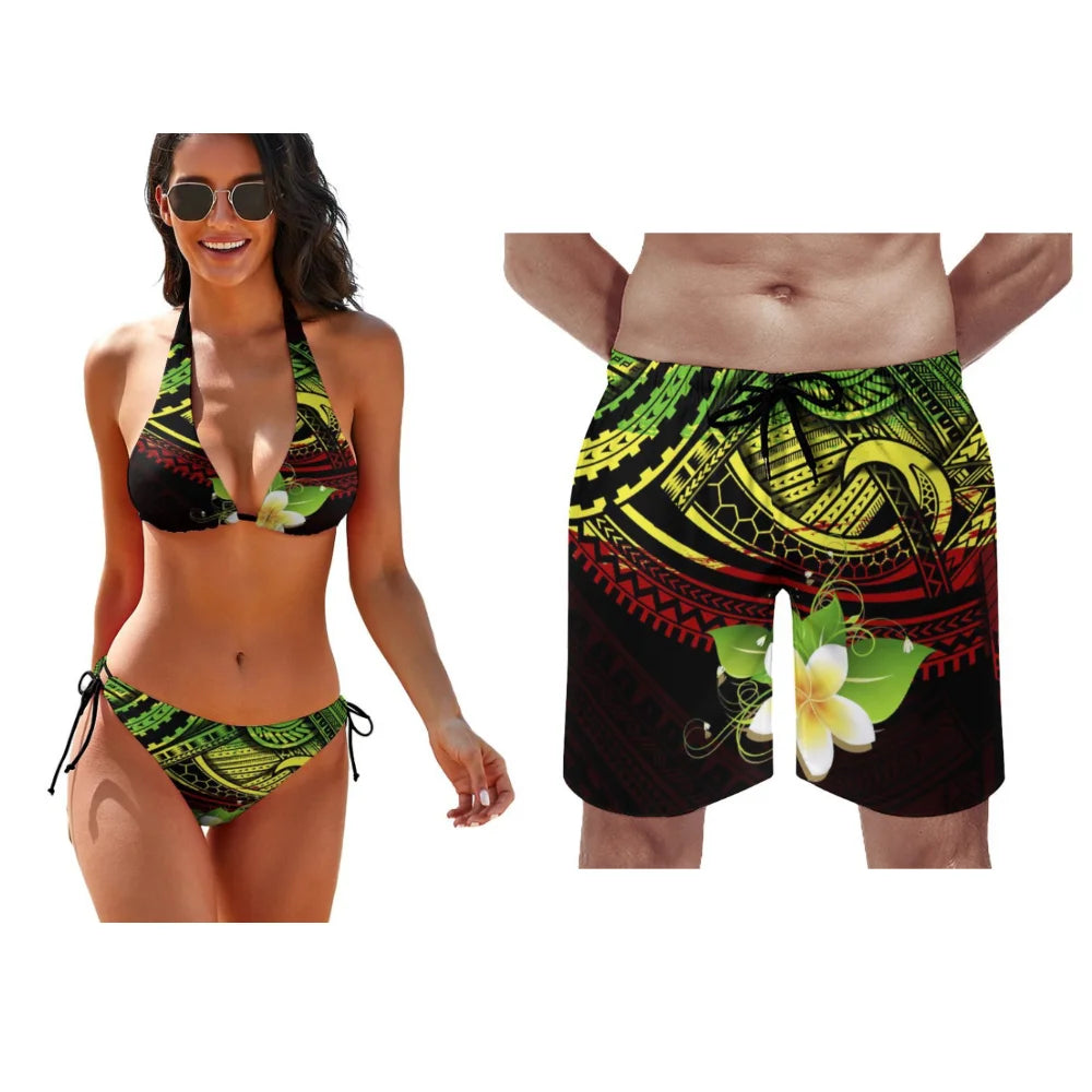 Matching Couple Hawaiian Swimwear Set – Tropical Bikini & Men’s Beach Shorts