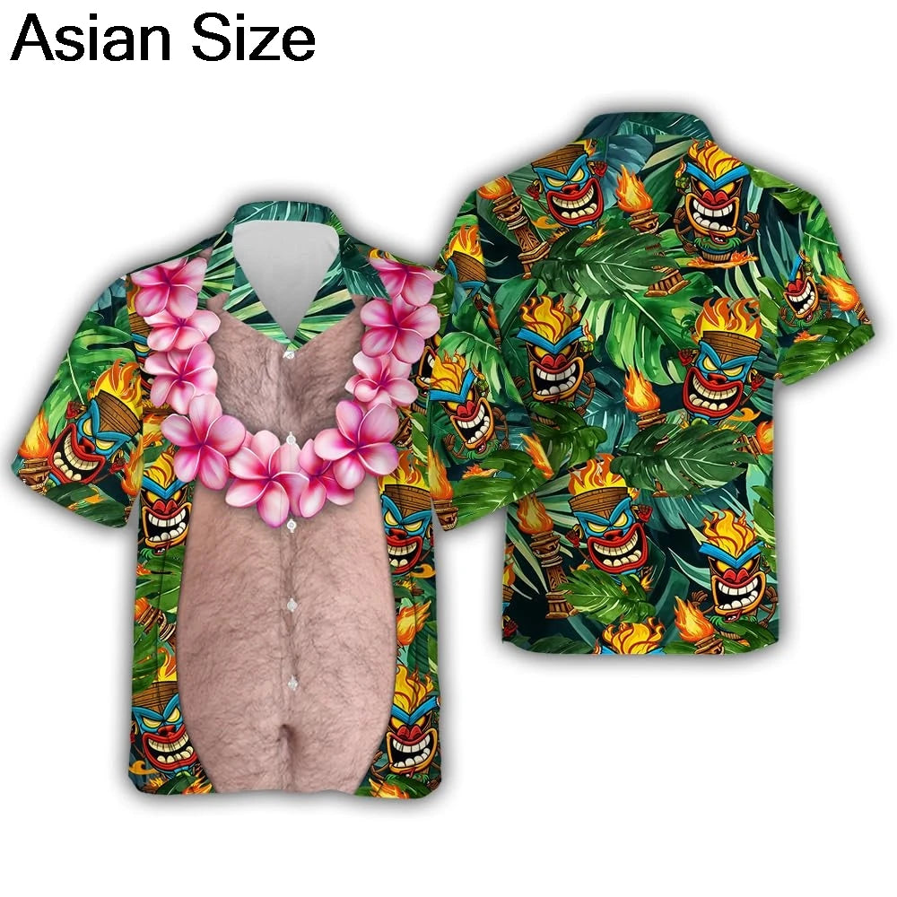 Funny Big Belly Hawaiian Shirt Y2K Tropical Vacation Button Down Top