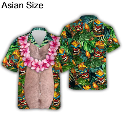 Funny Big Belly Hawaiian Shirt Y2K Tropical Vacation Button Down Top