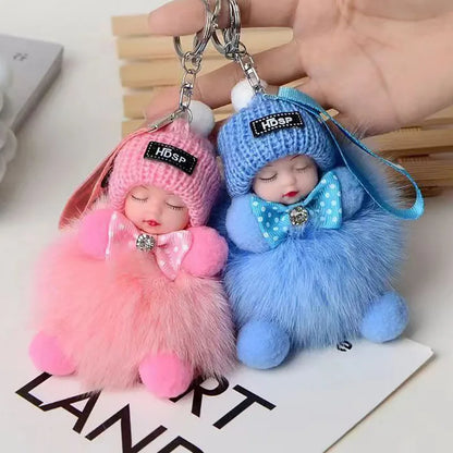 Cute Sleeping Baby Keychain – Fluffy Pom Pom Doll Bag Charm