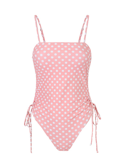 Pink Polka Dot High Cut Bikini Set Women Retro Ruched Swimwear Beach Outfit