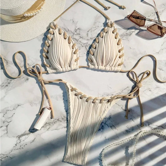 Sexy Ribbed String Bikini Set – Women’s Triangle Tie Side Swimsuit, Minimalist Beach Swimwear for Summer Vacation