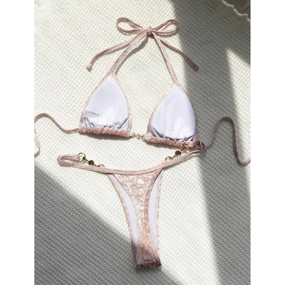 Leopard Pearl Micro Thong Bikini Set Women Two Piece Swimsuit Y2K Beachwear