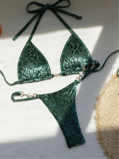 Leopard Pearl Micro Thong Bikini Set Women Two Piece Swimsuit Y2K Beachwear