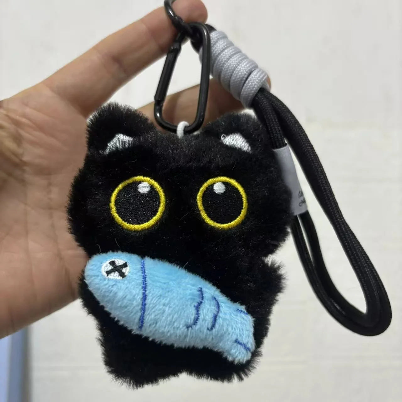 Cute Black Cat Plush Keychain – Kawaii Cartoon Bag Charm with Fish Toy