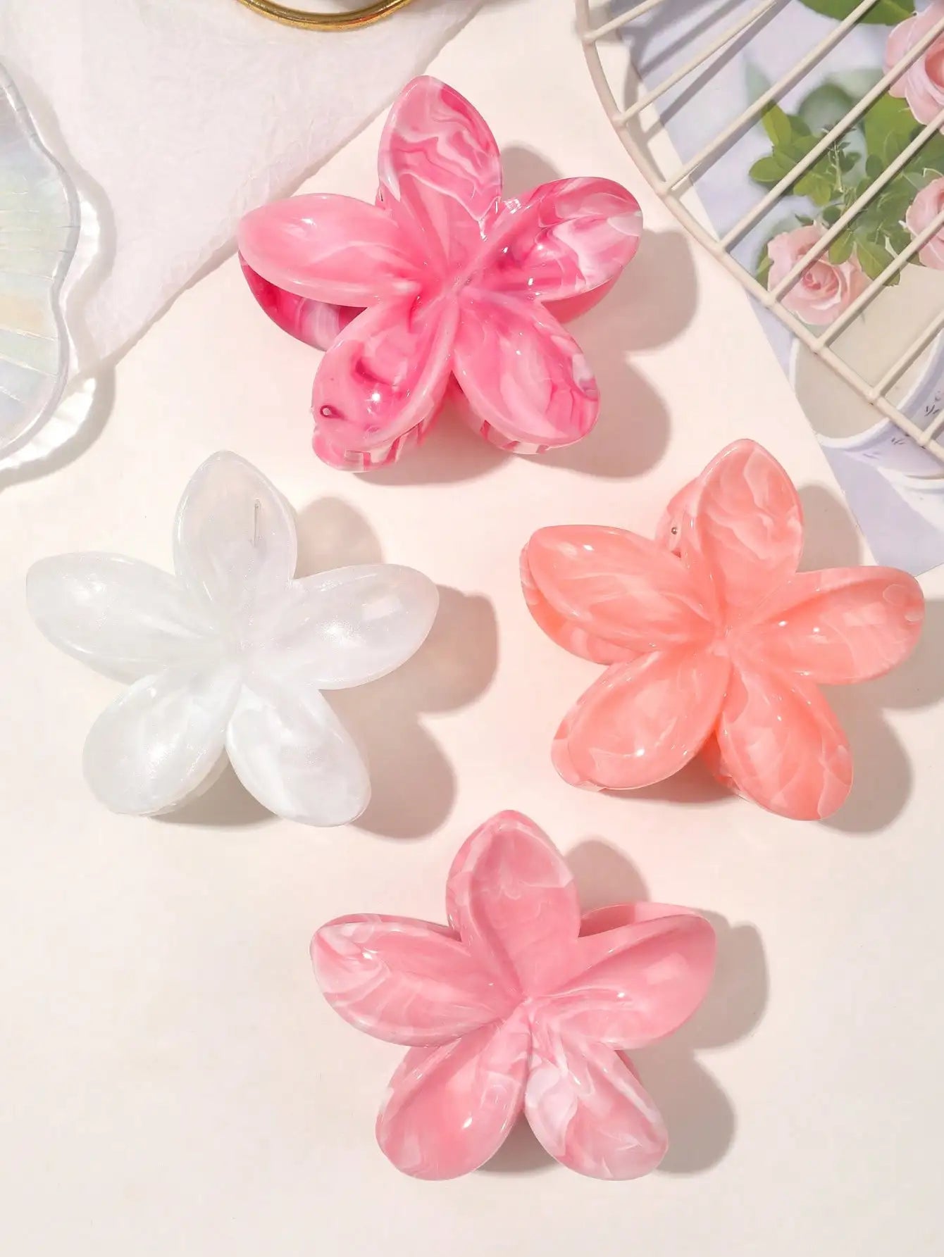4PCS Boho Flower Hair Claw Clips – Marble Floral Shark Clips for Women Cute Hair Accessories