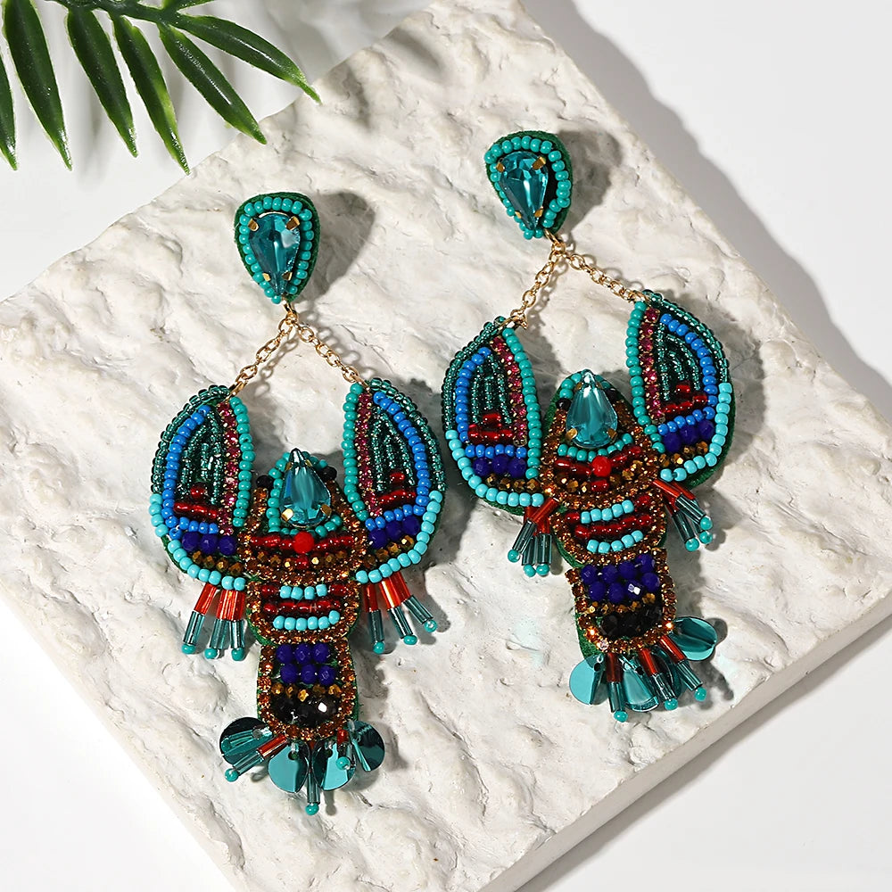 Boho Beach Statement Earrings – Handmade Beaded Starfish Seahorse Shell Drop Earrings for Women
