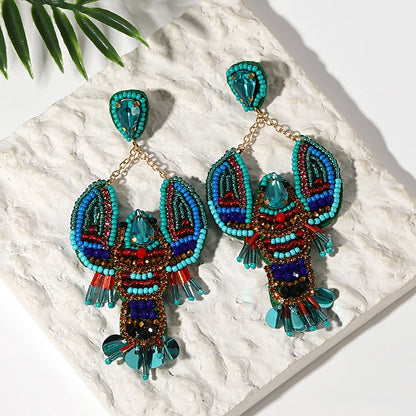 Boho Beach Statement Earrings – Handmade Beaded Starfish Seahorse Shell Drop Earrings for Women