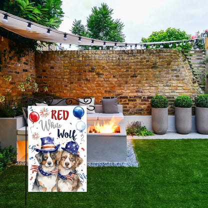 Red White Wolf Garden Flag,4th of July Dog Welcome Door Sign,Welcome Patriotic Memorial Day Independence Day