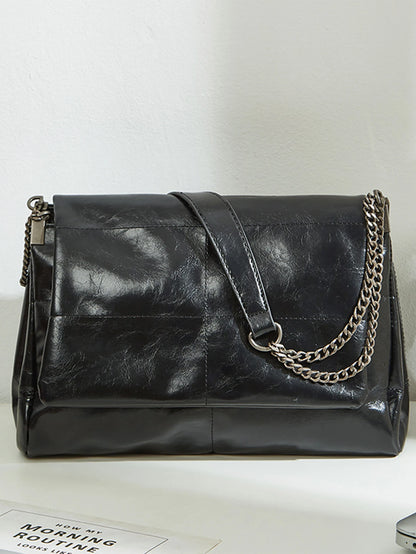 Vintage Black Chain Shoulder Bag – Retro Leather Tote Handbag for Women