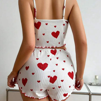 Cute Heart Print Pajama Romper – Women’s Sleeveless Summer Lounge Wear