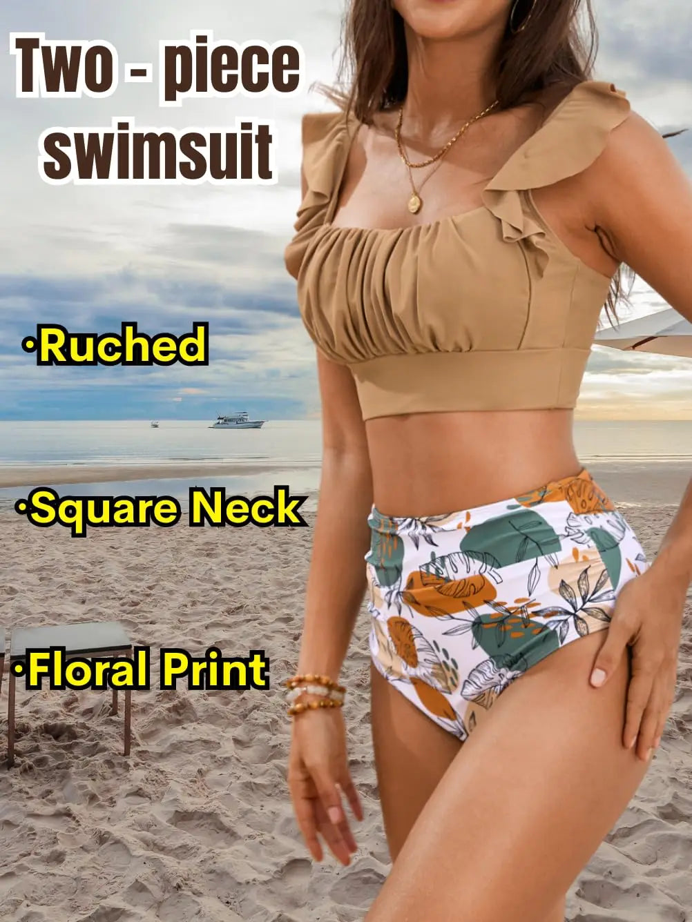 Floral Ruffle High Waisted Bikini Set Women Tummy Control Modest Swimwear