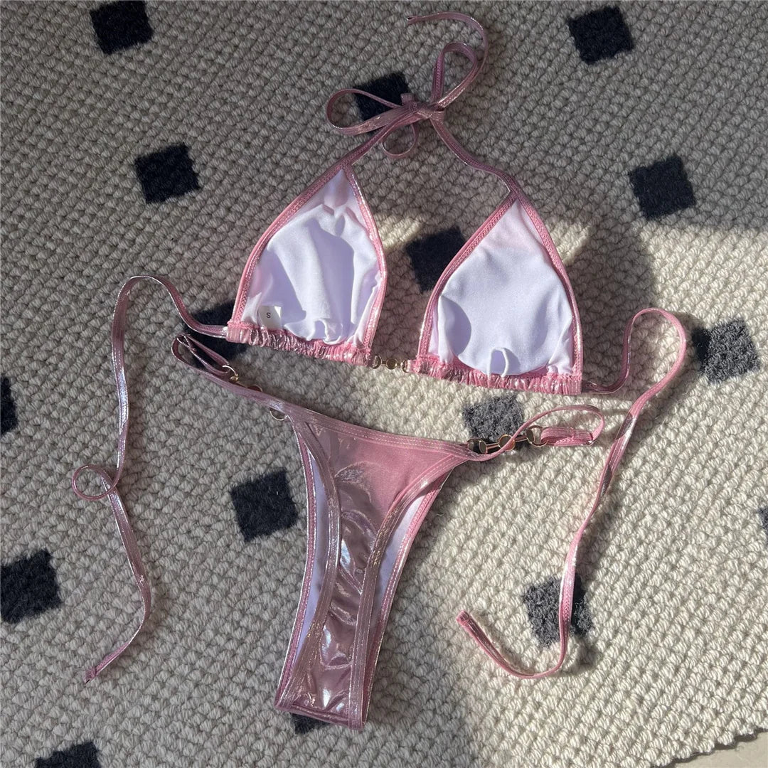 PU Faux Leather Halter Thong Bikini Set Women Two Piece Swimsuit Y2K Festival Swimwear